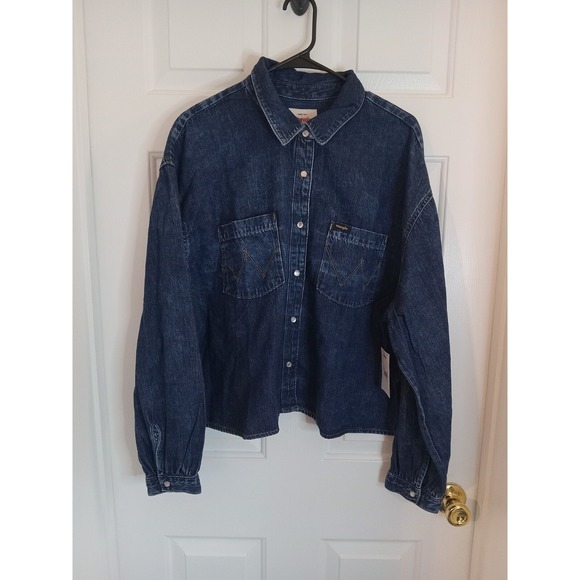 &Jacket Tops - Wrangler Blue Denim Cropped Western Women's Pearl Snaps Button Up Jacket Size XL
